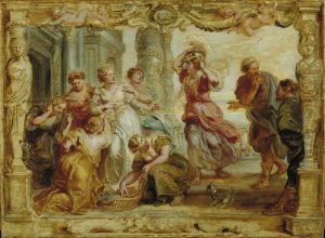 Achilles, dressed up in women's clothing, among the daughters of Lycomedes, recognised by Odysseus and Diomedes