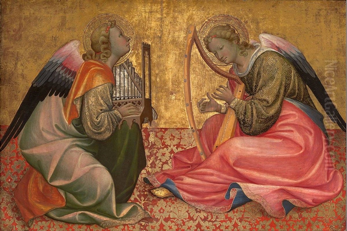 Two seated angels making music. Oil Painting by Gherardo Starnina