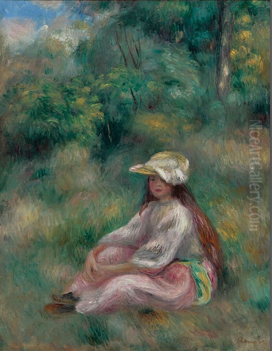 Jeune fille en rose dans un paysage Oil Painting by Pierre Auguste Renoir