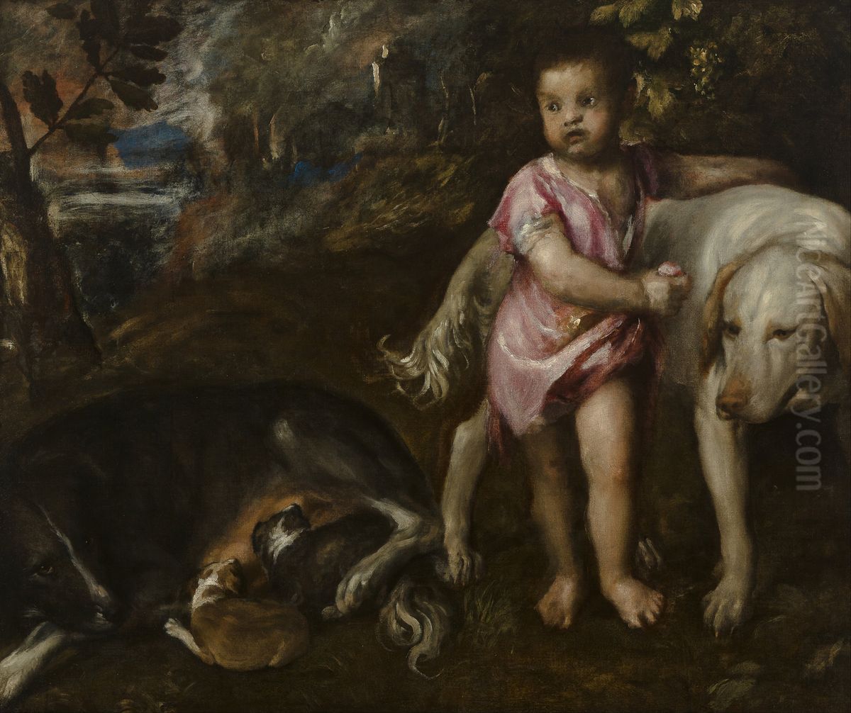 Boy with Dogs in a Landscape Oil Painting by Titian Boy with Dogs in a Landscape Oil Painting by Titian