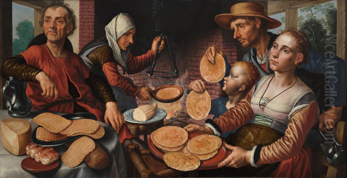Boerengezelschap met pannenkoekenbakster Oil Painting by Pieter Aertsen