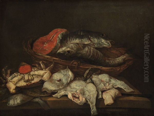 Visstilleven met aangesneden zeevis en krab Oil Painting by Abraham Van Beijeren