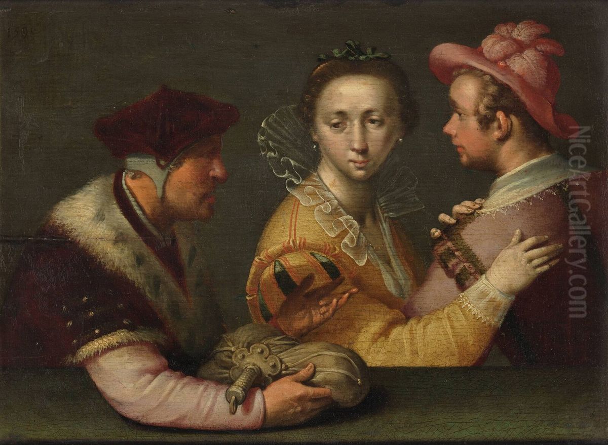 The choice between the rich old man and the poor young man Oil Painting by Cornelis van Haarlem