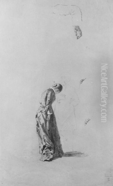 Standing Woman with Man in Outline Oil Painting by Thomas Hovenden