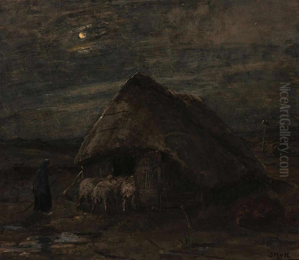 Heide met schaapskooi bij maanlicht Oil Painting by Sina Mesdag-van Houten