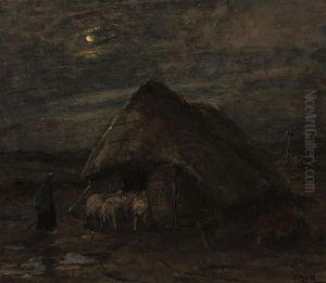 Heide met schaapskooi bij maanlicht