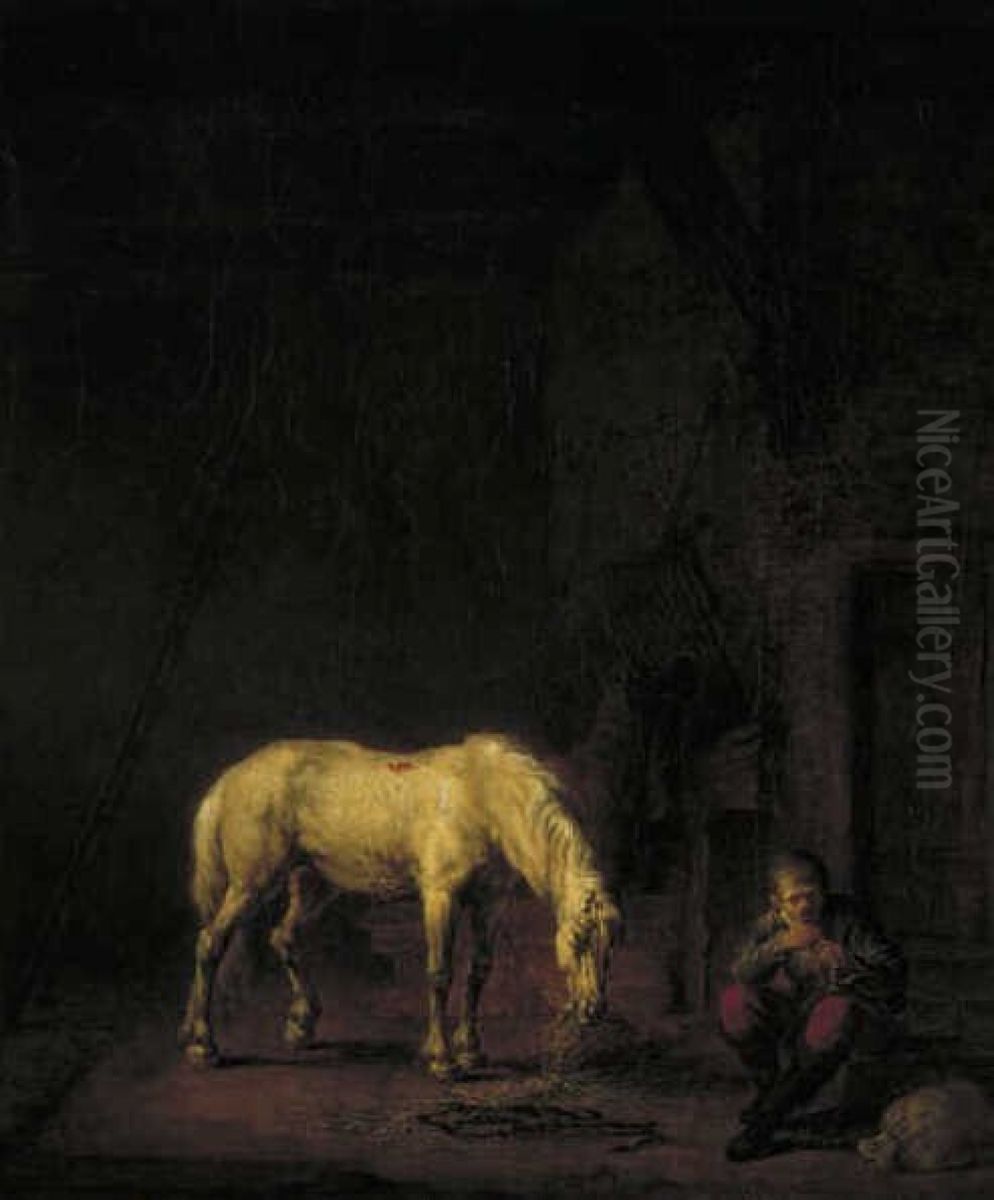 Stal met wit paard Oil Painting by Louis Moritz