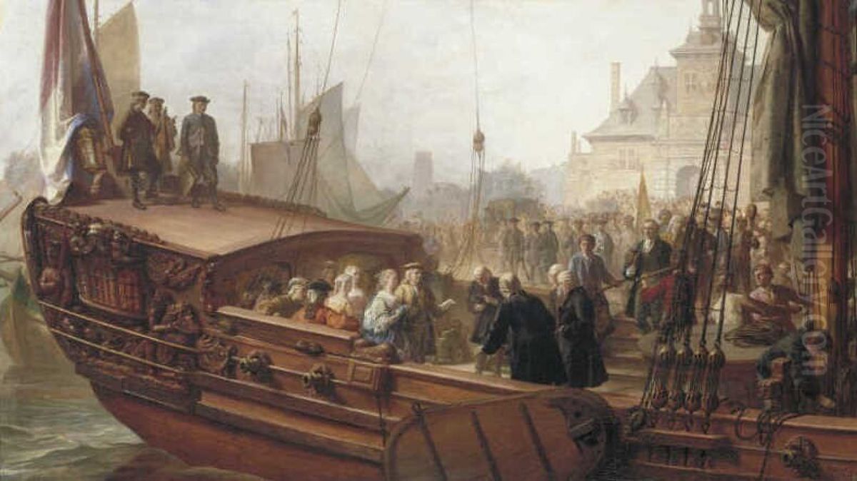 De ontvangst door de Burgemeester van Rotterdam van Prins Willem IV van Oranje en zijn gemalin Anna van Engeland Oil Painting by Jacob Spoel