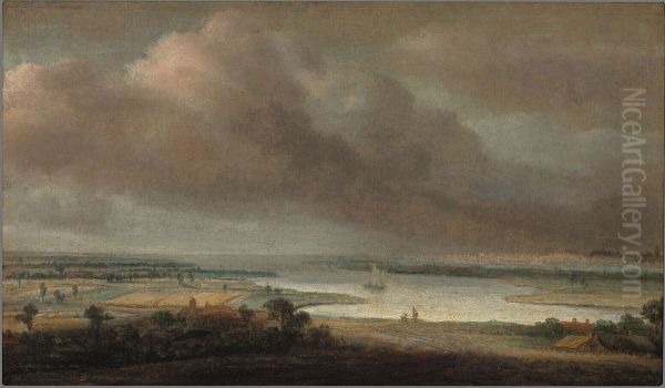 Vlak landschap met brede rivier Oil Painting by Philips Koninck