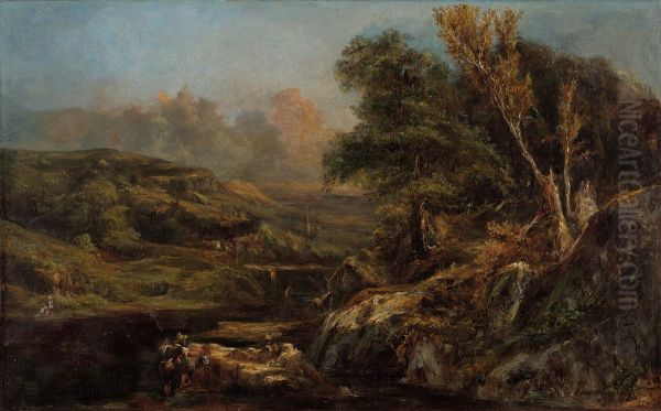 Berglandschap met een visser Oil Painting by Theodore Rousseau