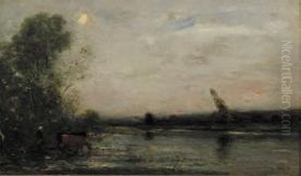 Rivier bij avond. Oil Painting by Charles-Francois Daubigny