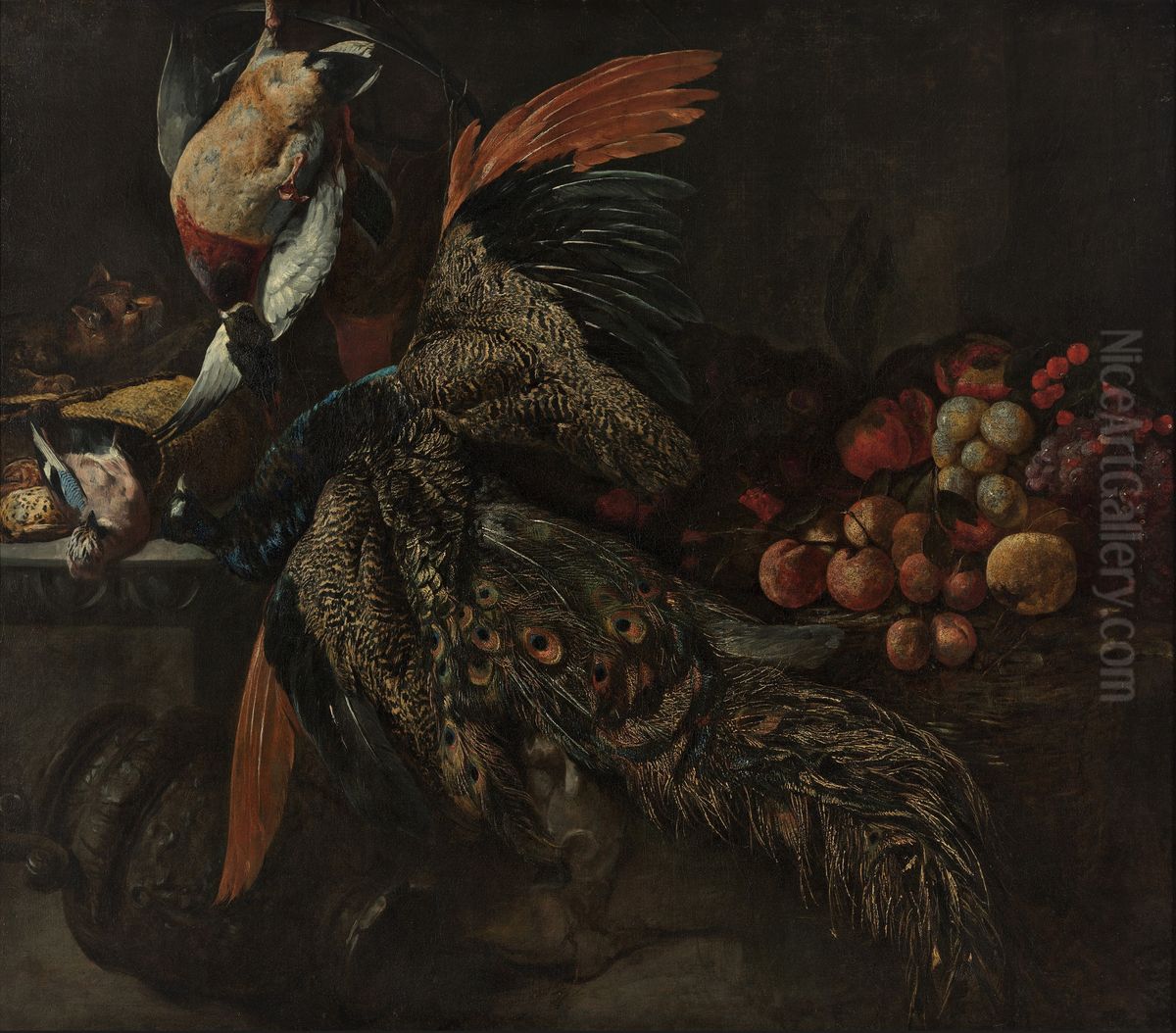 Jachtbuit met dode pauw, vruchten en een kat Oil Painting by Pieter Boel