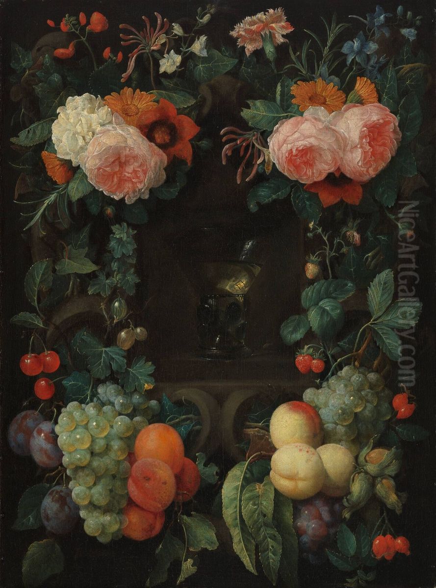 Nis met een roemer, omgeven door een krans van bloemen en vruchten Oil Painting by Joris Van Son