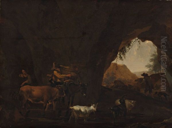 Grot met herders en vee Oil Painting by Nicolaes Pieterszoon Berchem