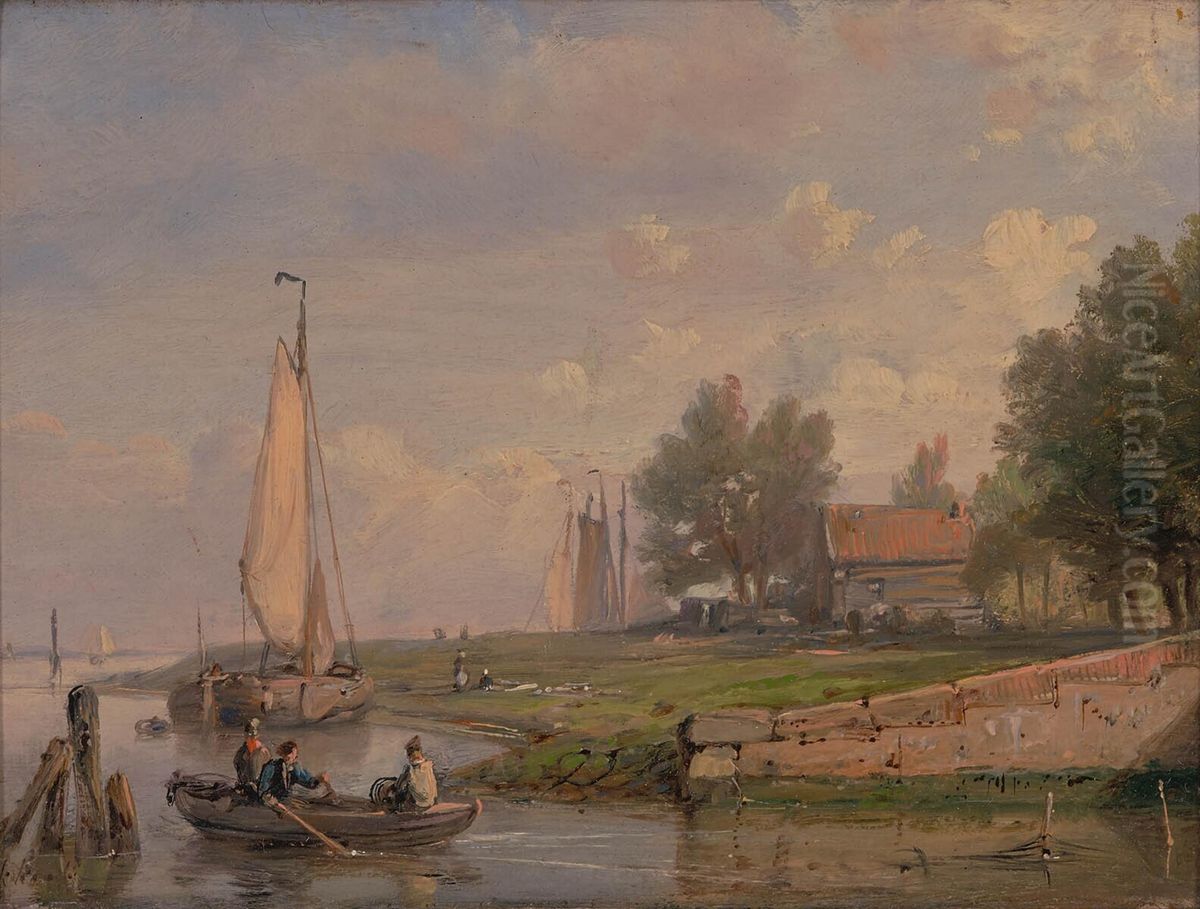 View of a river with a rowing boat Oil Painting by Hermanus Koekkoek