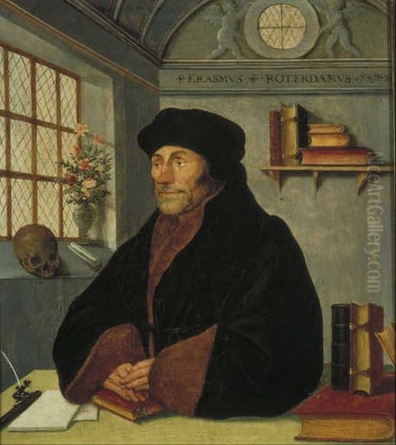 Portrait of Erasmus at his writing table Oil Painting by Hans Holbein the Younger