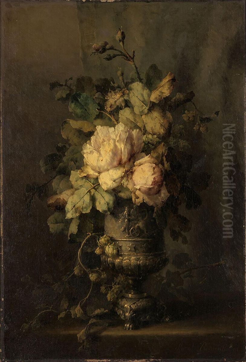 Silver Vase of Flowers Oil Painting by Margaretha Roosenboom