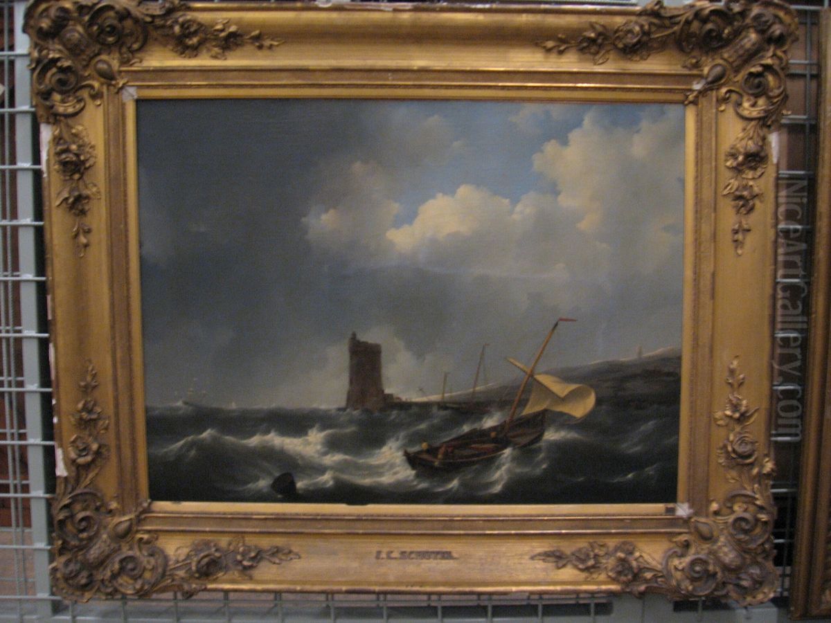 Woelige zee, rechts het strand met een vuurtoren Oil Painting by Johannes Christiaan Schotel