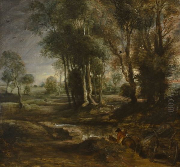 Avondlandschap met boerenkar Oil Painting by (studio of) Rubens, Peter Paul