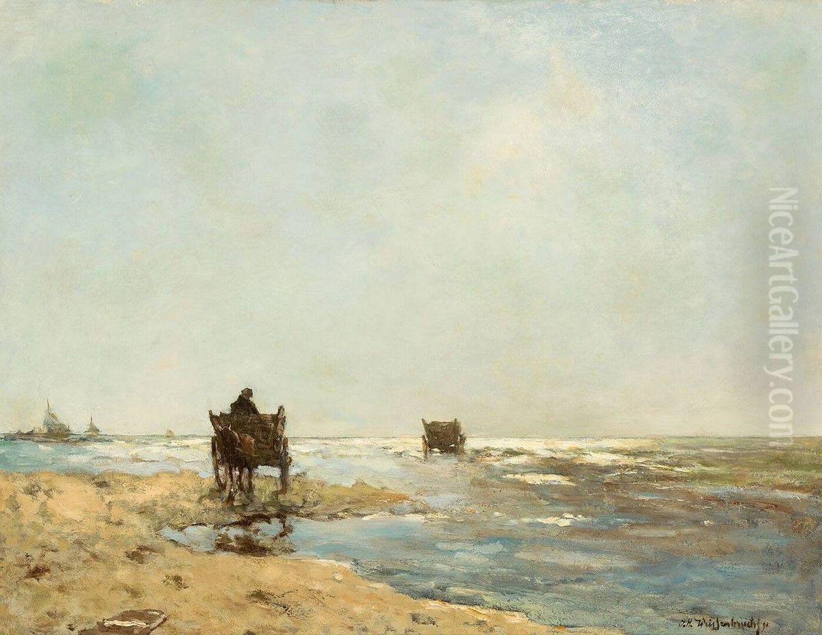 Strandgezicht met schelpenvissers Oil Painting by Johan Hendrik Weissenbruch