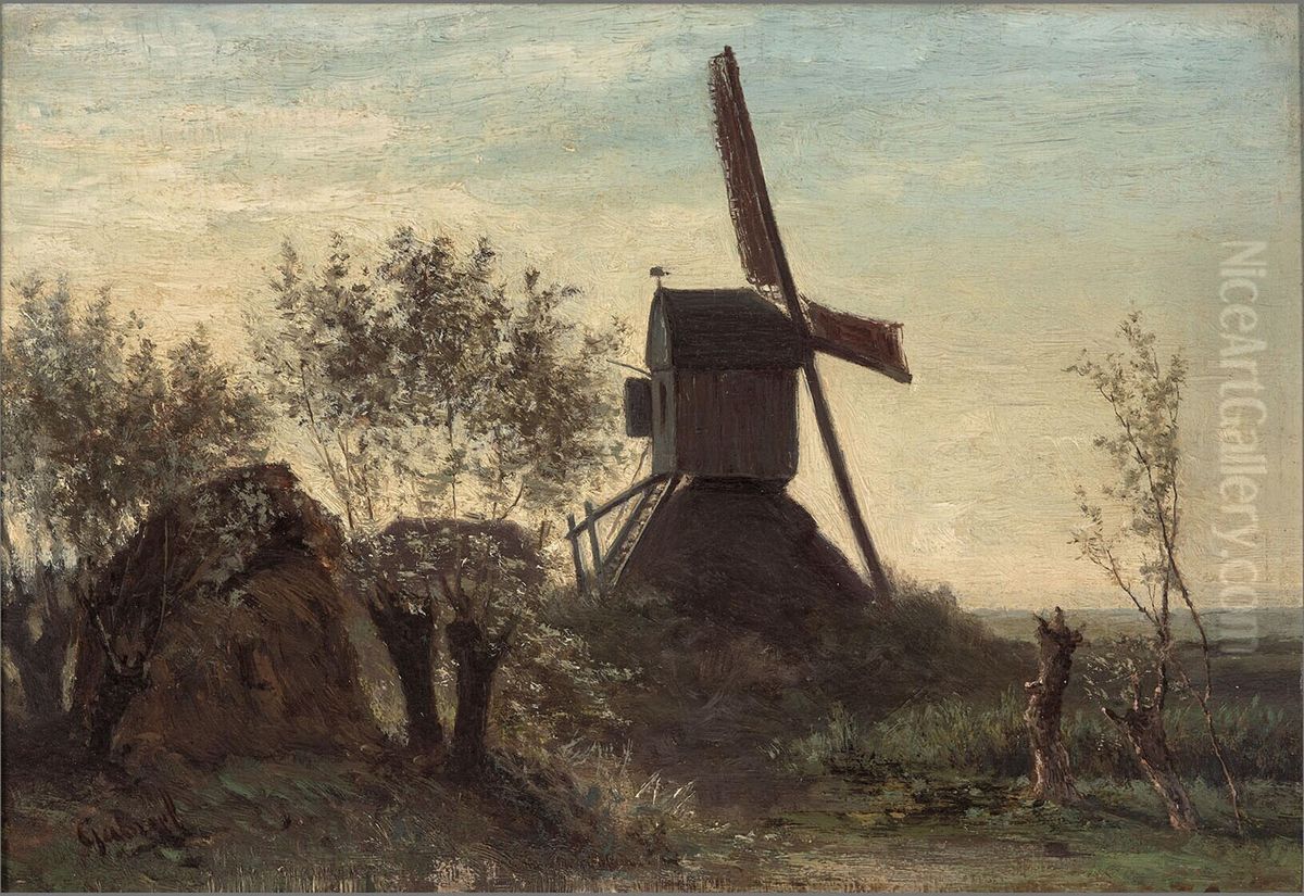 Molen aan een brede sloot met knotwilgen Oil Painting by Paul Joseph Constantine Gabriel