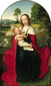 Maria met kind, zittend in een landschap