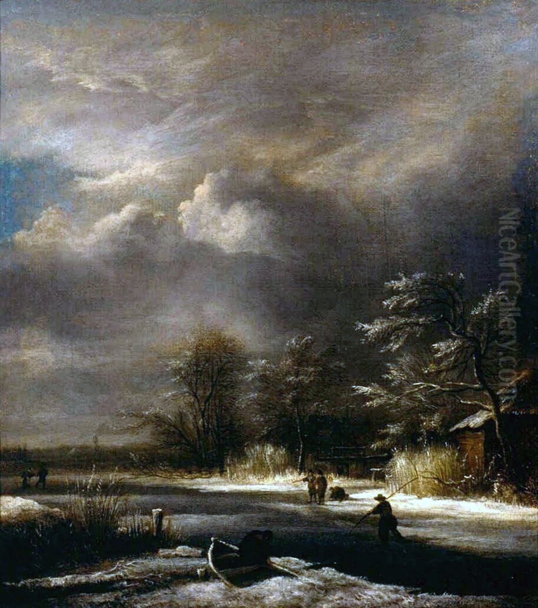 Winterlandschap met schaatsenrijders onder een bewolkte lucht Oil Painting by Jacob Van Ruisdael