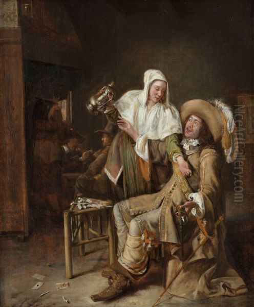 Tavern scene with maid trying to fill the glass of a cavalier Oil Painting by Pieter De Hooch