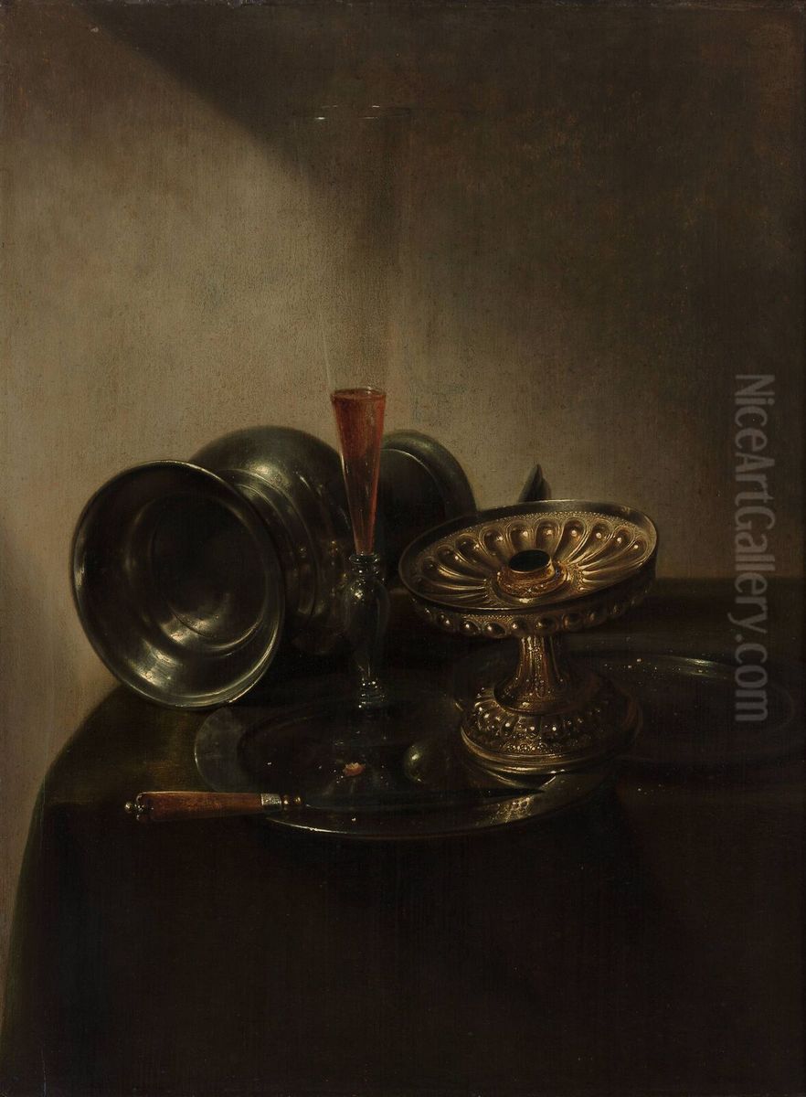 Still Life with Lying Jar, Flute-glass and Tazza Oil Painting by Jan Jansz Den Uyl