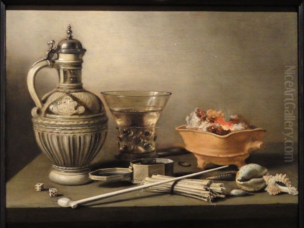 Still Life with a Stoneware Jug, Berkemeyer and Smoking Utensils Oil Painting by Pieter Claesz