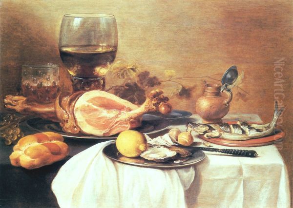 A ham, a herring, oysters, a lemon, bread, onions, grapes and a 