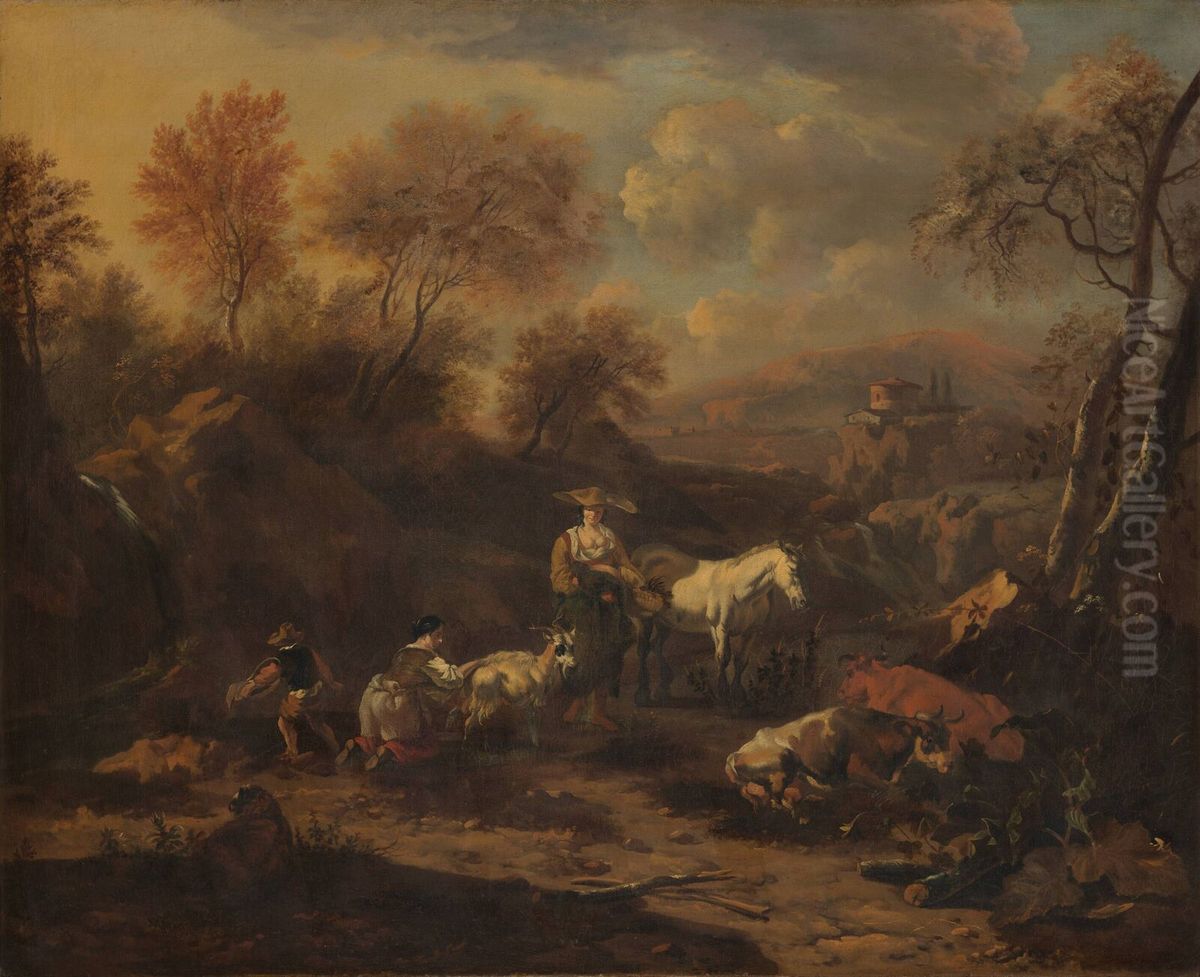 Italian landscape with two shepherdesses Oil Painting by Johannes van der Bent