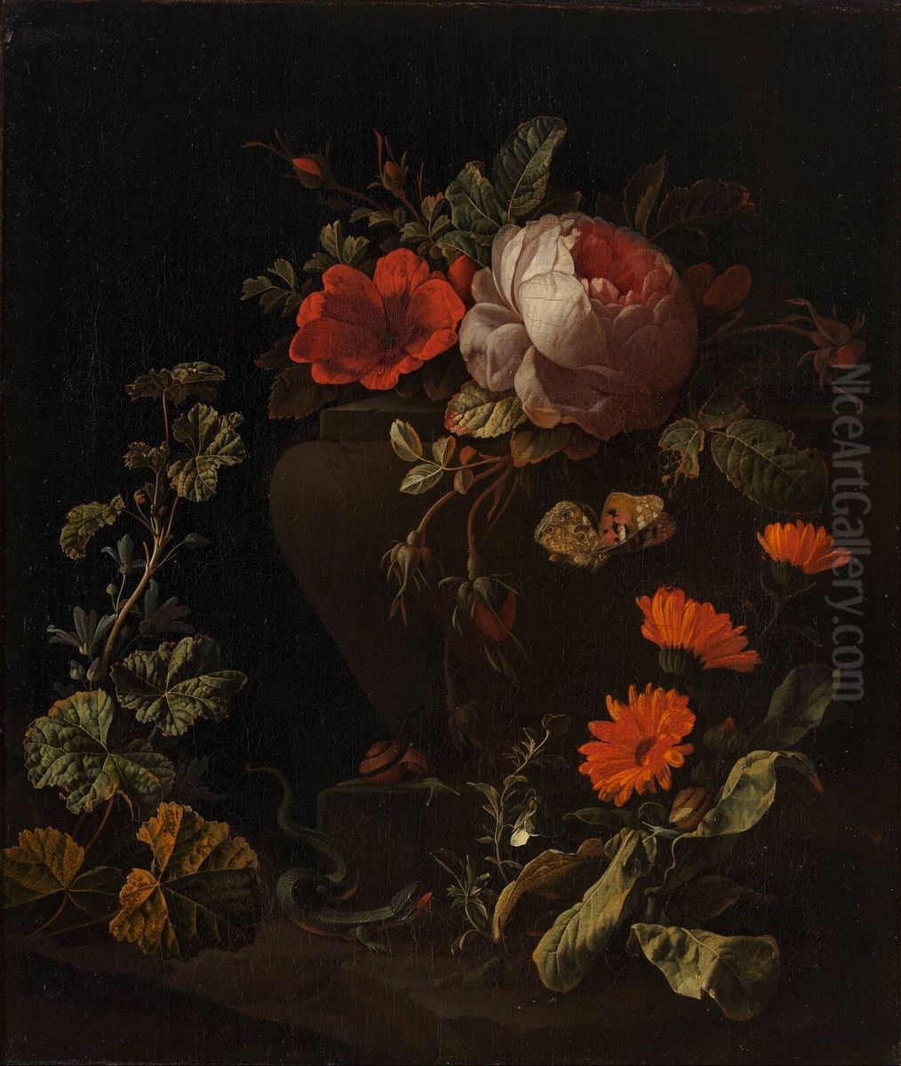 Bloemen bij een balustrade Oil Painting by Elias van den Broeck