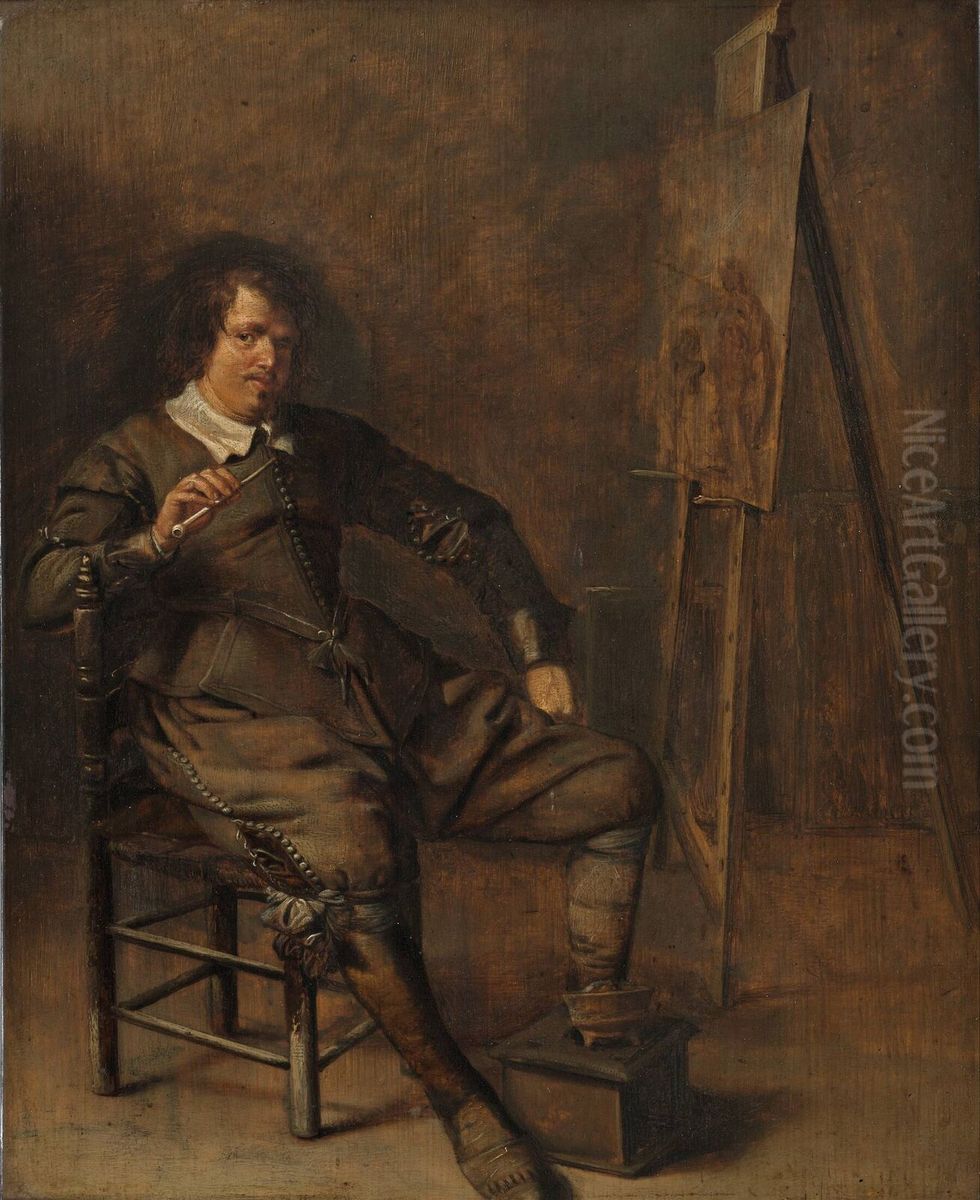 Portrait of a painter in front of his easel Oil Painting by Pieter Codde