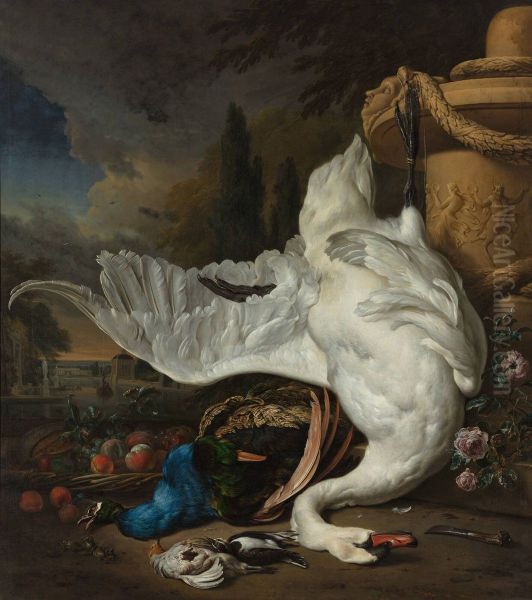 Dode zwaan en pauw voor een lusthof Oil Painting by Jan Weenix