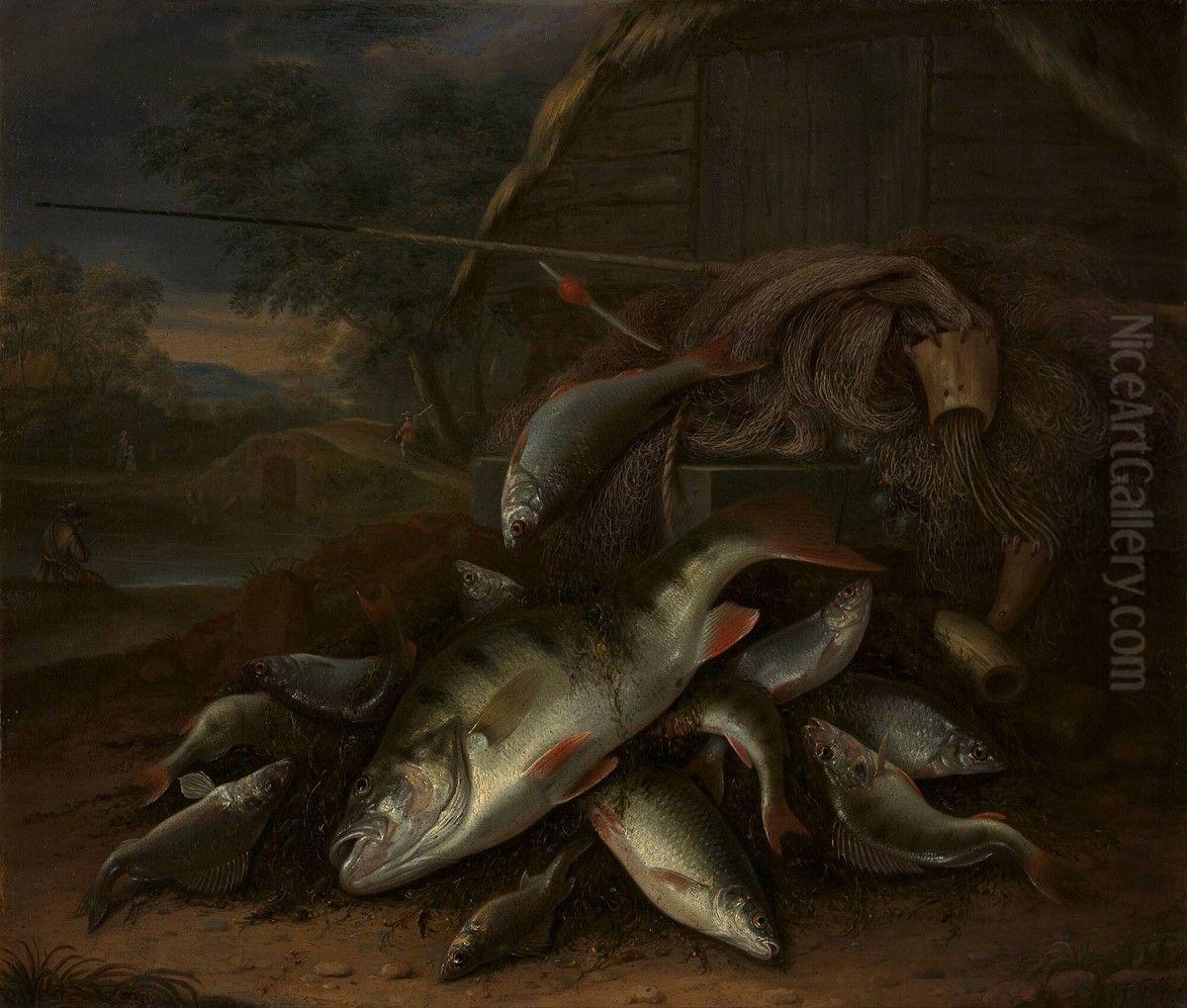 Visstilleven met zoetwatervis en visgerei; een avondlandschap met hengelaar op Oil Painting by Jacob Gillig