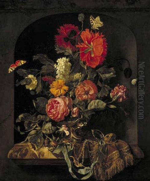 Vase of Flowers in a Niche Oil Painting by Willem Van Aelst