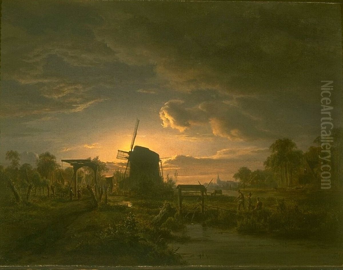 Landschap in maanlicht Oil Painting by Jacob Abels