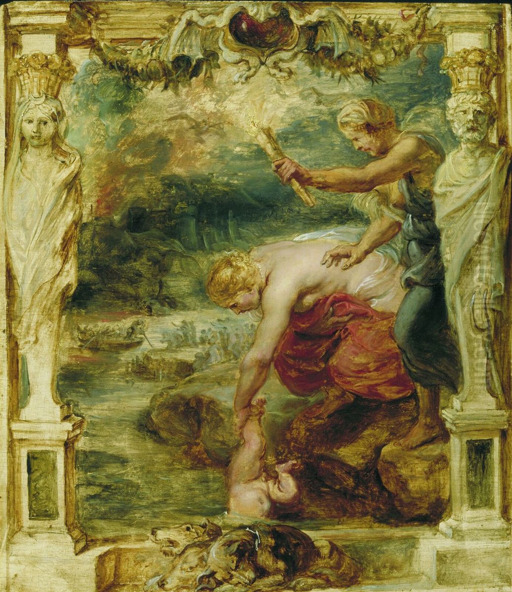 Thetis dipping the infant Achilles into the river Styx.[1] Oil Painting by (studio of) Rubens, Peter Paul