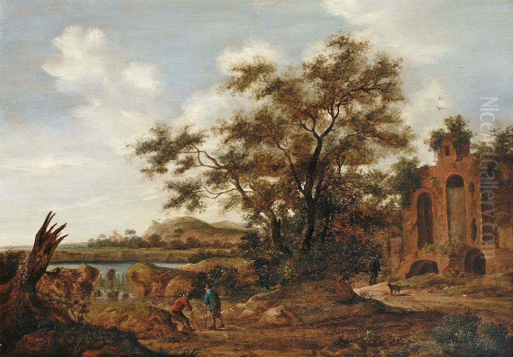 Bewaldete Flusslandschaft mit Reisenden an alter Ruine. Oil Painting by Adriaen Hendriksz Verboom