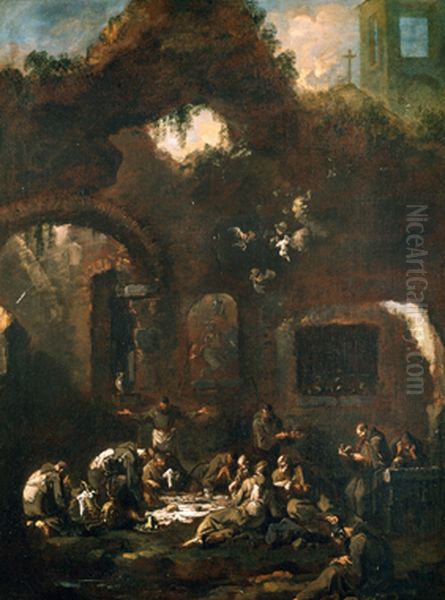 Capuchins at the Table among Ruins Oil Painting by Alessandro Magnasco