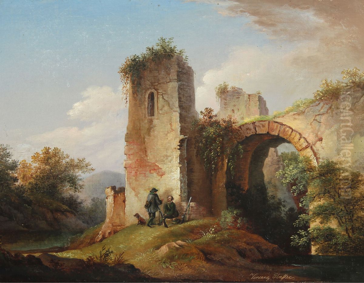 Two huntsmen near castle ruin Oil Painting by Franz Xaver Von Hofstetten