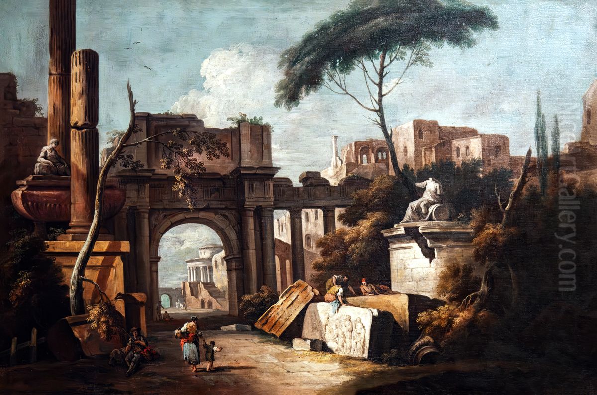 Ruins with a large Arch and Columns Oil Painting by Giuseppe Zais