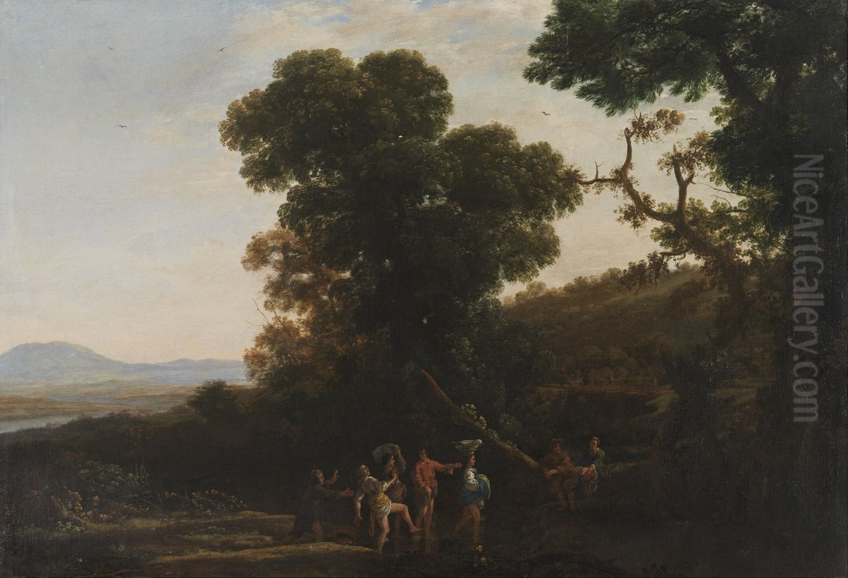Landscape with Figures Wading Through a Stream Oil Painting by Claude Lorrain (Claude Gellee)