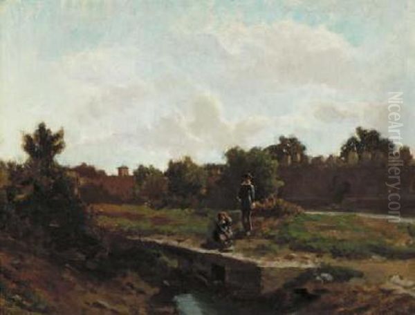 Landscape with two figures Oil Painting by Henri Harpignies