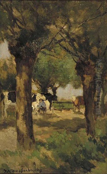 Koeien melken onder de wilgen Oil Painting by Johan Hendrik Weissenbruch