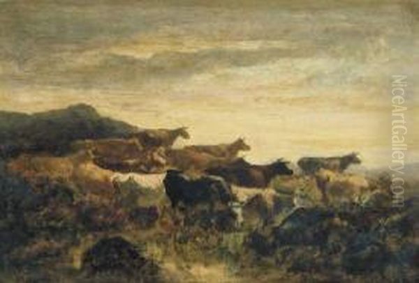 Zonsondergang met koeien Oil Painting by Narcisse Virgilio Diaz