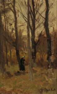Bosgezicht met hout sprokkelende vrouw