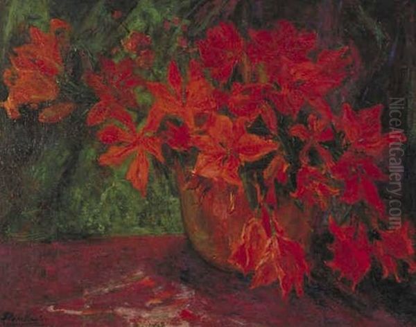 Lilies in a Red Copper Kettle Oil Painting by Floris Verster