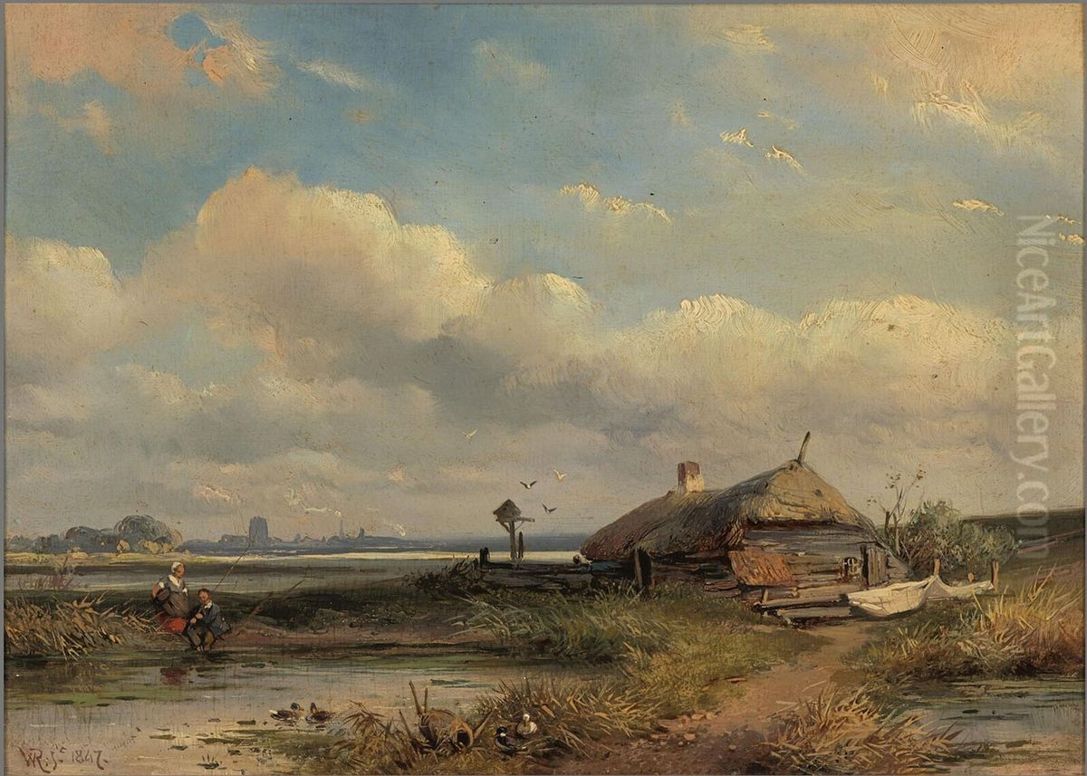 Landschap met boerderij aan een plas Oil Painting by Willem Roelofs